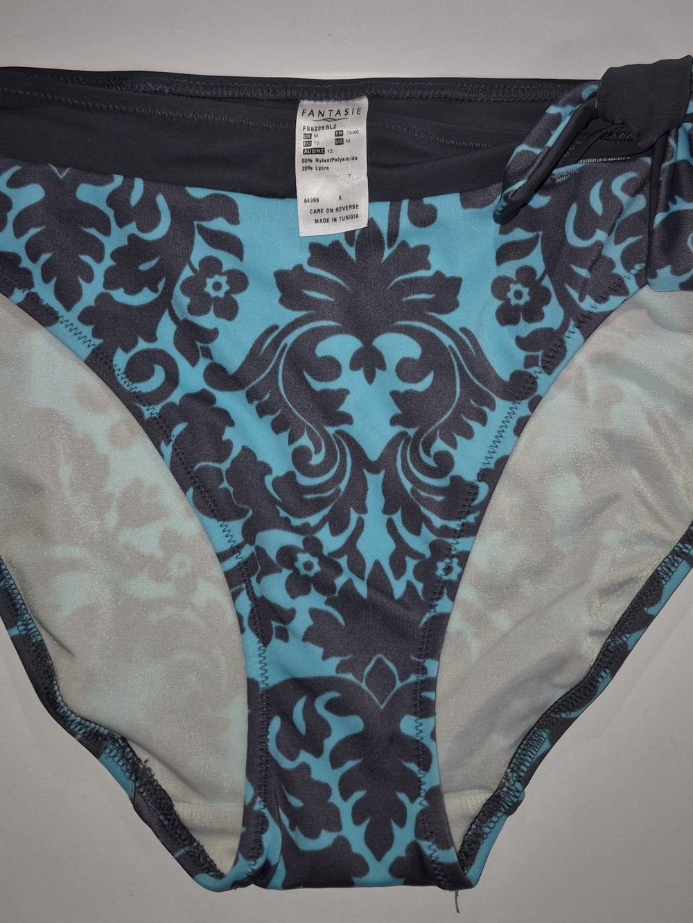 Fantasie Teal & Charcoal Damask Tie-Side Bikini Bottom
